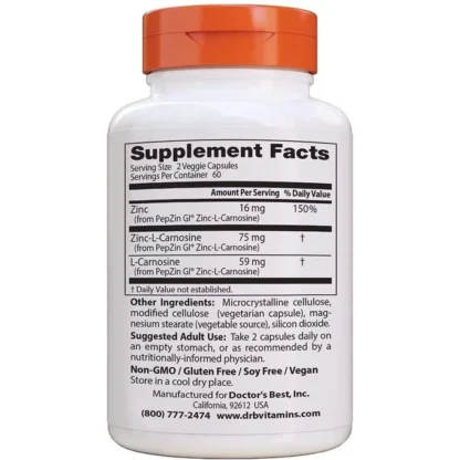 PepZin GI Doctor's Best — panneau Supplement Facts